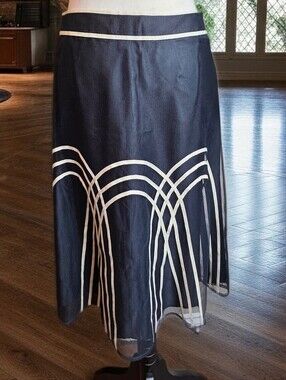 230. LOFT Petites Art Deco Mesh Overlay A-Line Skirt Ribbon Trim Black Cream 4P